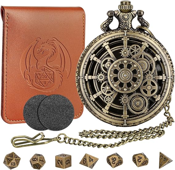 Bronze Hollow Gear Pocket Watch Shell Case with 7pcs Polyhedral Metal Dice, Steampunk Mini DND Dice Set, Table Top Game RPG Accessories, DND Starter Set, D&D Gifts with Leather Bag, Gift for Gamer