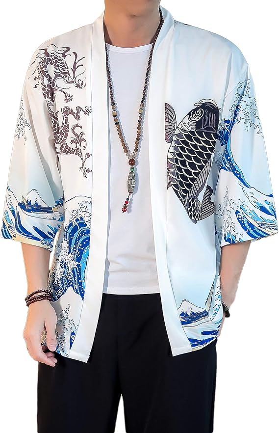 Men's Kimono Jacket Lightweight 3/4 Sleeve Kimono Cardigan Japanese Robe | Silky Polyseter Yukata Fashion Loose Fit Printed Unisex Open Front Happi Coat Casual Streetwear Haori Summer Japanese Shirt