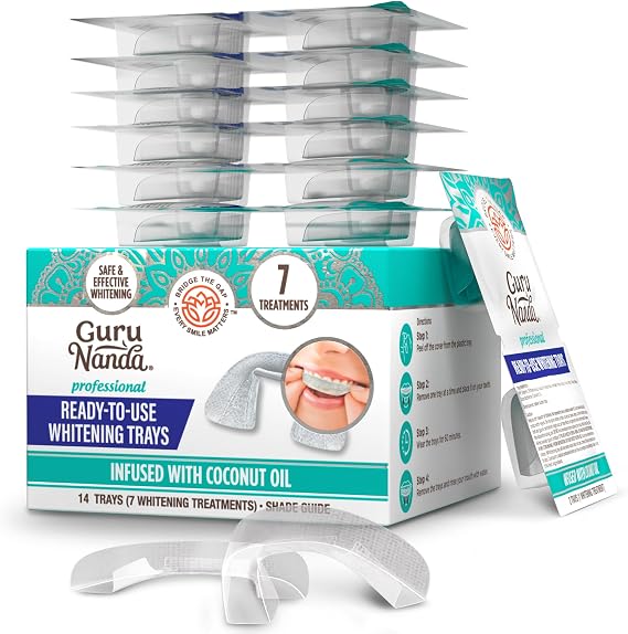 GuruNanda Ready-to-Use Prefilled Whitening Trays (7 Treatments) with 8% Hydrogen Peroxide to Remove Surface Stains, Fast & Easy Teeth Whitening for Sensitive Smiles