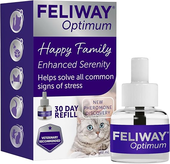 FELIWAY Optimum 30 Day Cat Calming Odourless Refill for Pheromone Diffuser, 48ml - Helps Solve Signs of Stress in Cats &amp; Kittens, Veterinary Recommended, Drug-free, Clinically Proven