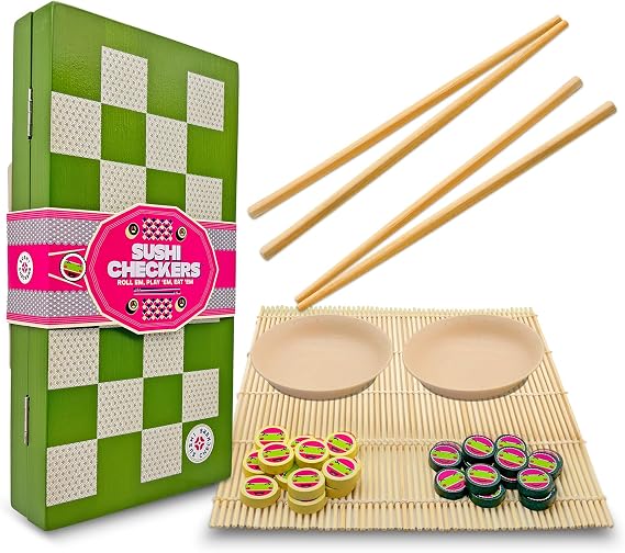 Project Genius: Sushi Checkers - Game & Sushi Making Set, Folding Bamboo Game Board, 24 Checkers & Chopsticks Set, Adults & Kids Ages 8+, 2 Players