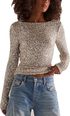 Women Long Sleeve Sequin Crop Tops Back Cowl Neck Sparkly Shirts Club Party Night Glitter Top