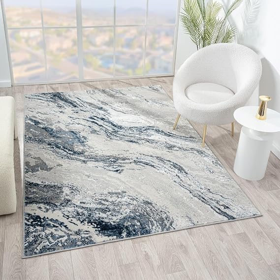 LUXE WEAVERS Abstract Marble Area Rug Blue 8x10 | Modern, Indoor Carpet