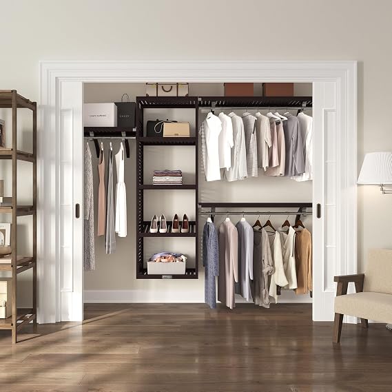 Wood Closet Organizer System with Shelves & Hanging Rods - Wall Mounted Walk-in Espresso Finish
