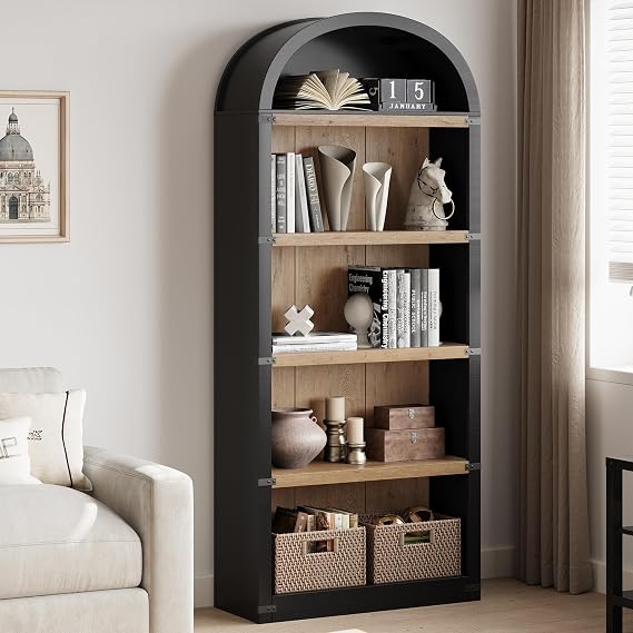 GarveeHome Bookcase 5 Shelf Arched Bookshelf 71.65in Tall Bookcase Farmhouse Display Storage Rack Wooden Bookshelves for Home Office, Living Room (Black/Natural)