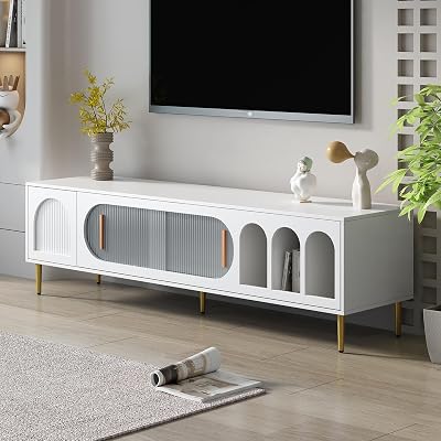 Modern TV Stand for 80 Inch TV, Entertainment Center TV Media Console Table with 3 Shelves and 2 Cabinets, TV Console Cabinet Furniture for Living Room, White