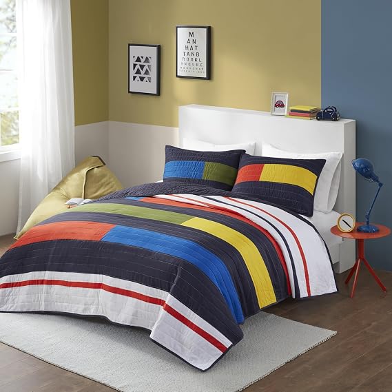 Intelligent Design Kids Cotton Multi Color Blocks Queen Quilt Set, 3pc | Girls Bedroom, Children Bedding Full Size, Striped, All-Season, Lightweight, Channel Quilted, Machine Washable, Cozy
