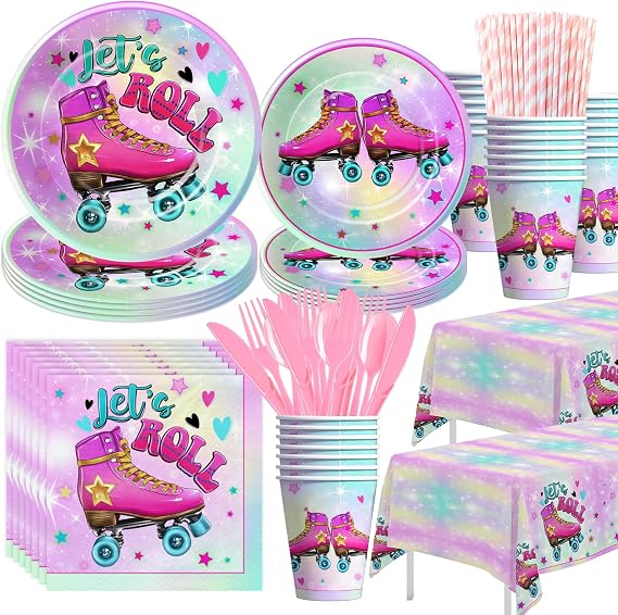 APOWBLS Roller Skating Party Supplies Girls, Roller Skate Party Decorations | Let's Roll Roller Skate Birthday Party Supplies, Disposable Paper Plates, Cups, Napkins, Tablecloth, Tableware, Serves 24