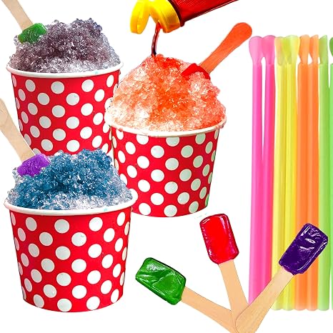 Concession Essentials 105 Piece Multi-Colored Snow Cone/Shaved Ice Kit - Includes 25 Red and White Polka Dot Cups, 30 Candy Spoons, and 50 Neon Straws - Perfect for Birthdays, Sporting Events, Concerts, Festivals