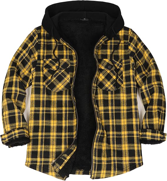 Lisskolo Men's Sherpa Flannel Jacket with Hood Plaid Zip Up Fleece Lined Hooded Shirt Jackets for Men