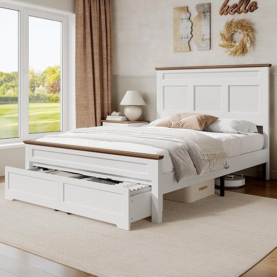 RALGEND Farmhouse Queen Size Bed Frame with 51.2" Tall Headboard & Footboard, Wooden Platform Bed Frame with Large Storage Drawers, No Squeak, No Box Spring Needed, White and Walnut