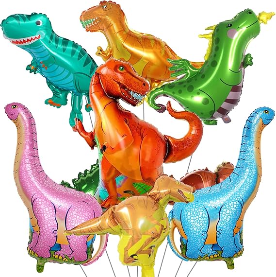 Dinosaur Foil Balloons Set (12-50 in), 7 Pieces Large Dinosaur Aluminum Mylar Balloons for Kids, Giant Cute Birthday Dino Party Decorations for Boys Jungle Dino Theme Baby Shower Decor Supplies