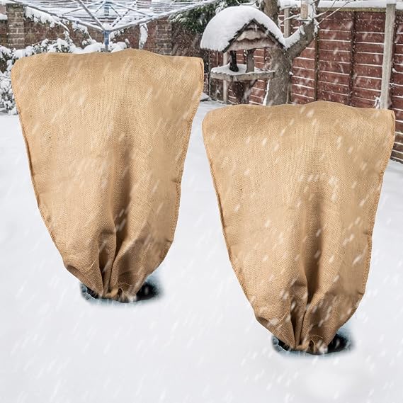 ANPHSIN Burlap Plant Covers Freeze Protection for Patio Winterizing - 2pcs 24"40" Winter Frost Protector with Drawstring, Reusable Tree Freeze Blanket for Garden Bushes