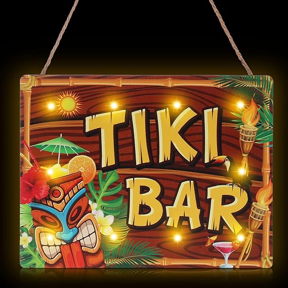 Blulu Tiki Bar Sign Hawaiian Luau Party Decoration Supplies | Wooden LED Light Tiki Plaque for Aloha Hawaii Luau Tropical Birthday Party Aloha Decorations Totem Hut Hanging Sign