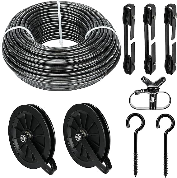 Outdoor Clothesline Kit, Black Clothes Line Pulley Kit Heavy Duty | 150FT 3/16 PVC Coated Galvanized Cable, 6.3" Clothesline Pulleys, 3 Separators, Larg Hooks and Tightener for Backyard Drying