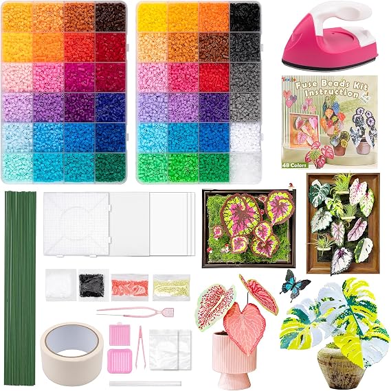 Fuse Beads Kit, 24,000pcs 2.6mm 48 Colors Mini Melting Beads for Beginners with Iron, Pegboards, Ironing Paper, Plant Stem & Accessories, DIY Pixel Art, Home Decor and Christmas Birthday Gift