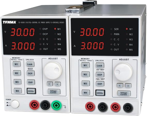 TENMA MULTICOMP PRO Triple Output DC Bench Power Supply – 2x 0-30V & 5V, 3A – Linear Regulated, Low Ripple, Digital Display