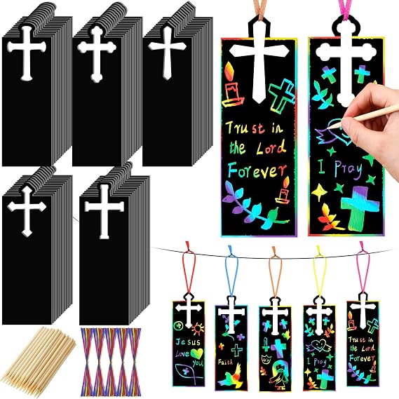 100 Pcs Christian Cross Scratch Cards Cross Ornaments DIY Bookmarks Paper Cards Rainbow Color Craft Kit Scratch Off Paper Religious Party Favors Easter Baptism Birthday Gifts Church Decor