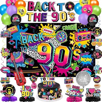 90s Party Decorations Includes 90's Backdrop, Foil & Latex Balloons, Cake & Cupcake Toppers, Honeycomb Centerpieces Banner, Hanging Swirls for 80s 90s Party Decorations