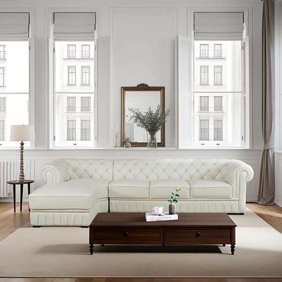 Chesterfield L-Shaped Genuine Leather Sectional Sofa, 5-Seater Top Grain Leather Sofa with Rolled Armres, Large Corner Couch for Living Room with Button Design (Left-Hand Facing with Chaise)