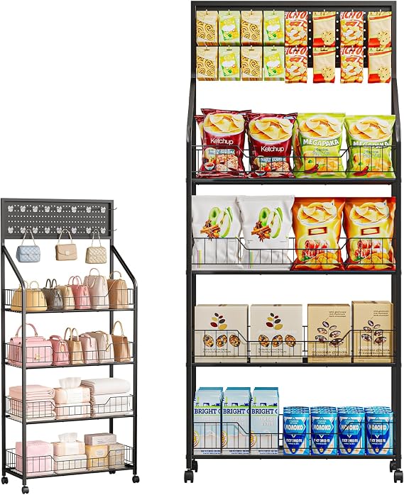 Snack Rack Display Stand, Freestanding Chip Rack Display Stand. Retail Display Shelves with 15 Hooks &amp; 4 Wheels, Large Capacity Supermarket Shop Display Stand for Snacks Drinks Goods (4 Layer)