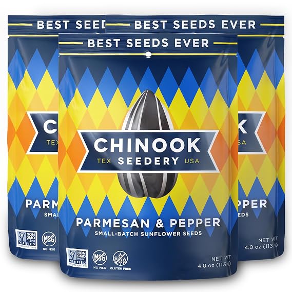 Chinook Seedery Sunflower Seeds - Parmesan & Pepper Flavor - 4 oz, 3 Pack | Jumbo Flavored Sunflower Seeds - Non-GMO, Gluten-Free, Low Sodium, Keto Friendly, Vegan, Paleo, High Protein - Baseball Snack