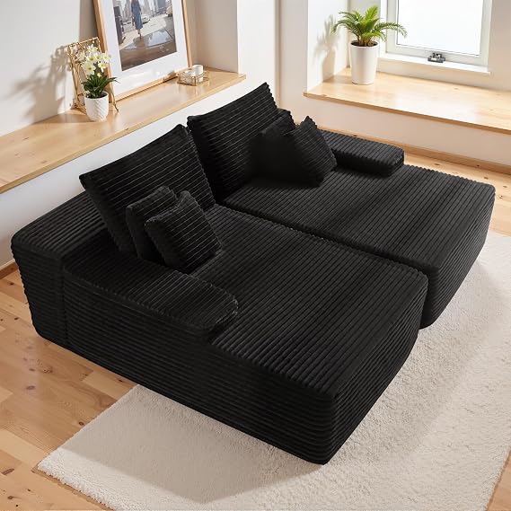 POEM PANDA 82'' Oversized Boneless Memory Foam Chaise Lounge Chair, Sofa Sleeper Large Convertible Comfy Cloud Couches Living Room, Black Plush Corduroy Sofa Bed.
