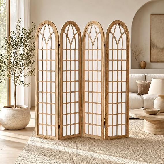 4 Panel Shoji Room Divider Folding Privacy Screen Light Brown | Freestanding Decorative Partition Screen For Bedroom Home Office And Apartment