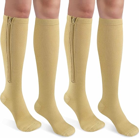 CASMON 2 Pairs Zipper Compression Socks for Women & Men,15-20 mmHg Closed Toe Knee High Support Sock for Varicose Vein Edema