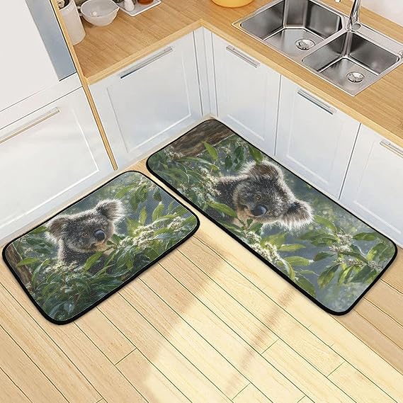 Koala Leaf Kitchen Mats for Floor, 2-Piece Non-Slip Washable Kitchen Rugs for Home & Office - Ideal for Sink, Laundry & Bathroom Use - Size: 19.7 x 47.2 & 19.7 x 27.6