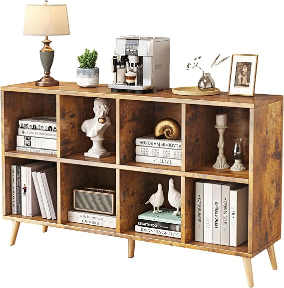 8-Cube Bookshelf 2 Tier Retro Bookcase with Legs, 120cm Wood Bookshelves Storage Organizer Shelf, Freestanding Open Book Shelves for Bedroom Living Room Office, Rustic Brown