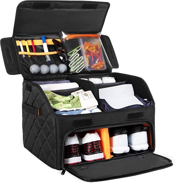 PGmoon Upgraded Golf Trunk Organizer, 2 Layer Golf Car Organizer for Golfer | Golf Car Trunk Locker with Separate Ventilated Compartment for 2 Pair Shoes, Balls, Clothes, Golf Gifts for Men, Women