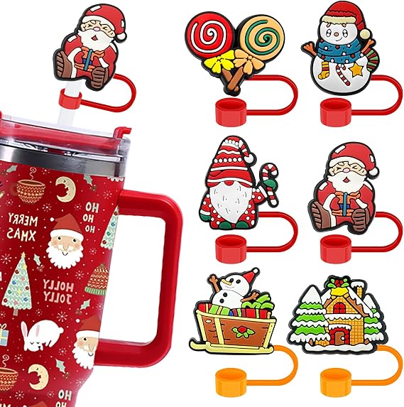 6Pcs Christmas Straw Covers Cap for Stanley Cup, 10mm Topper for Tumblers Accessories, Reusable Cap Stopper for Straws Tip Lids