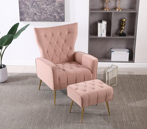 Velvet Accent Chair with Ottoman, Comfy Tufted Armchair with Gold Metal Legs, Modern Upholstered Wingback Chair with Footrest Set for Living Room, Bedroom, Lounge, Office, Pink