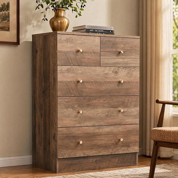 Grey 5 Drawer Dresser for Bedroom,Modern Deep Drawer Dresser with Gold-Handle Design,Storage Wood Chest of Drawer,Storage Organizer Furniture for Closet,Hallway