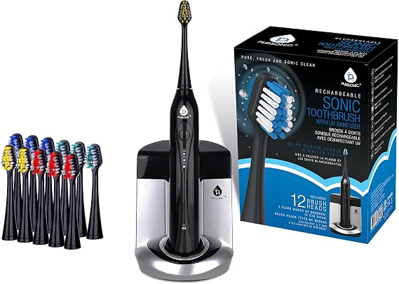 Pursonic S450 Deluxe Plus Sonic Rechargeable Toothbrush with Built in UV sanitizer and Bonus 12 Brush Heads Included, Black, 1.25 Pound