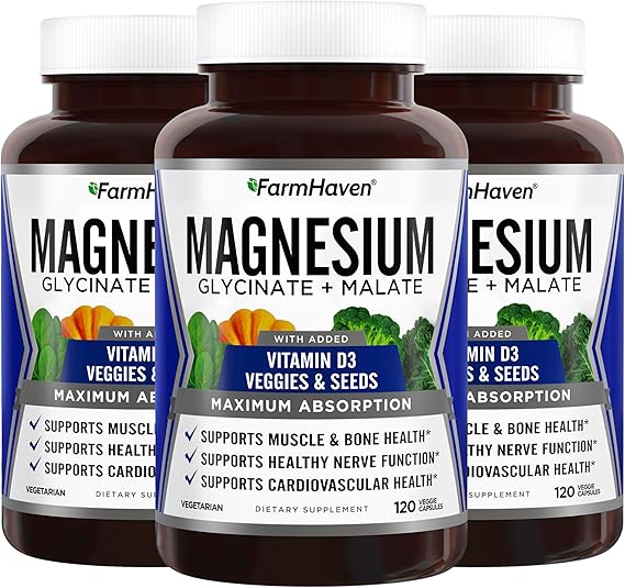 FarmHaven Magnesium Glycinate & Malate Complex w/Vitamin D3, 100% Chelated for Max Absorption, Vegan Bone Health, Nerves, Muscles, 360 Capsules, 180 Days