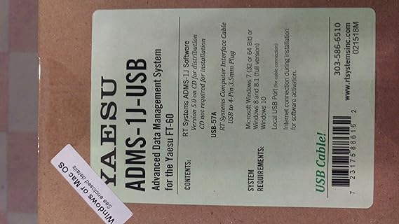 RT Systems Yaesu ADMS-1J Programming Software on CD with USB Computer Interface Cable for FT-60R