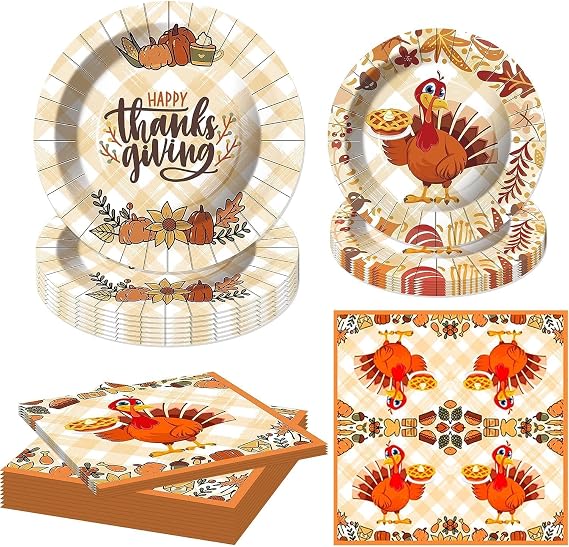 Thanksgiving Party Set: 16 9" Dinner Plates, 16 7" Dessert Plates, and 16 Napkins with Turkey Dinner Decorations