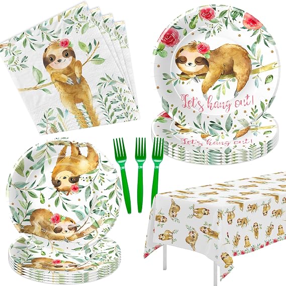 APOWBLS Sloth Birthday Party Supplies Girl, Jungle Sloth Party Decorations | For Baby Shower Birthday, Disposable Paper Plates and Napkins Set Tableware, Fork, Tablecloth, Serves 24