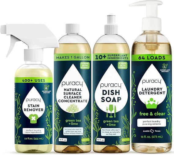 Puracy Stain Remover Spray (Unscented, 12oz), Natural All-Purpose Cleaner Concentrate and Dish Soap (Green Tea & Lime, 16oz), and Laundry Detergent (Free & Clear, 16oz)