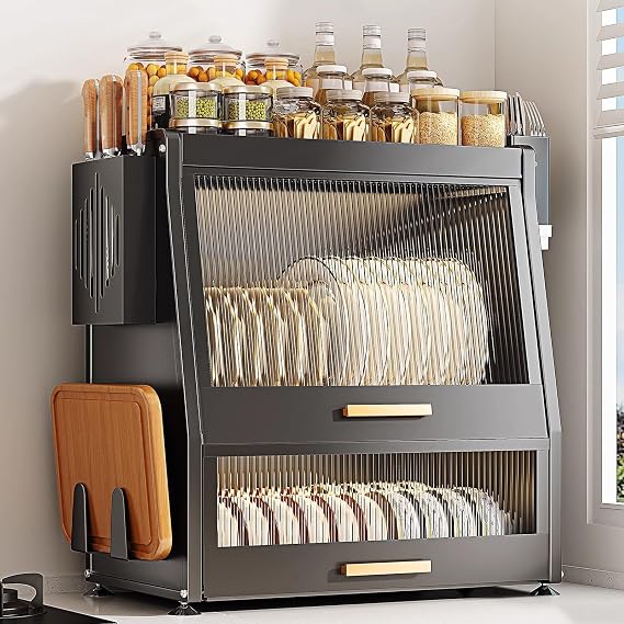 2 Layer Over The Counter Dish Drying Rack, Over Sink Dish Rack with Cabinet Doors, Dustproof, Carbon Steel Material, with Knife Holder and Chopstick Holder(Black)