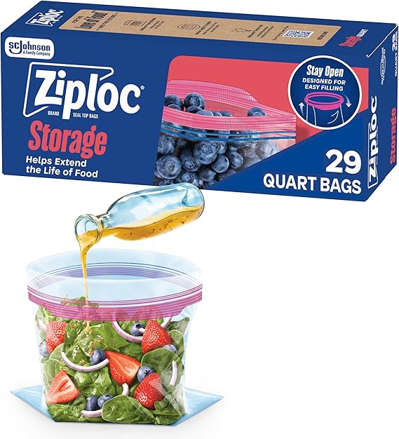 Ziploc Quart Food Storage Bags, Stand-Up Bottom, Easy to Fill, 29 Count