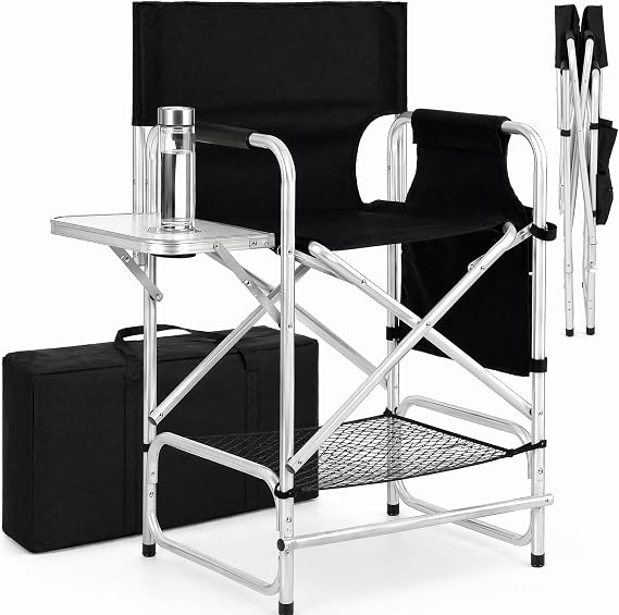 AQNIEGEP Tall Makeup Chair 41in, Folding Directors Chair, Makeup Chair for Makeup Artist, Directors Chair with Table, Cup Holder, Footrest,Storage Bags 600 lbs Load