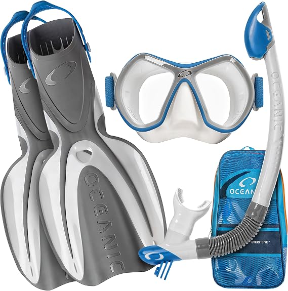 Oceanic Snorkel Set, Mask, Fins & Mesh Gear Bag | Two-Lens Mask, Hypoallergenic Silicone Skirt, Dry-Top Snorkel, Power Fins, Ski-Strap Snorkel Keeper