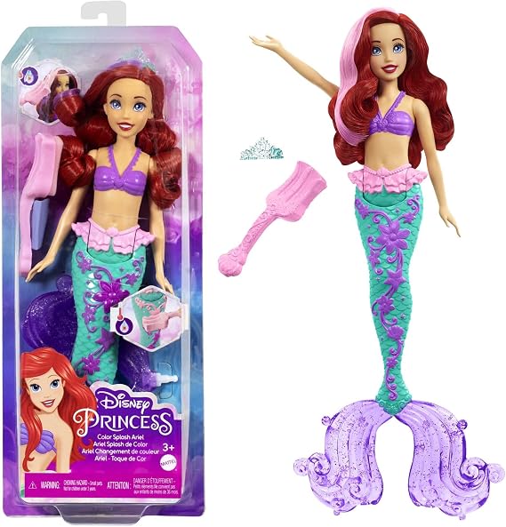 Mattel Disney Princess Ariel The Mermaid Doll, Mermaid Toy, Tail Fin Changed by Water Colour, Disney Gifts, Toy from 3 Years, HLW00