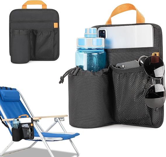 Beach Chair Cup Holder, Chair Side Organizer, Easily Attached to Armrest | with 2 Self-adhesive Fastener Strap, Hanging Chair Attachment for Water Bottle, Sunglasses, Phone, Snack, etc.,Black