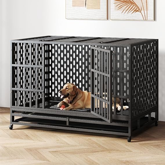 HIWOKK 48 Inch Heavy Duty Indestructible Dog Crate, for High Anxiety Dog | Heavy duty steel, Chew-proof, Dual doors with escape-proof locks, Removable easy clean tray, Locking casters, Easy assembly