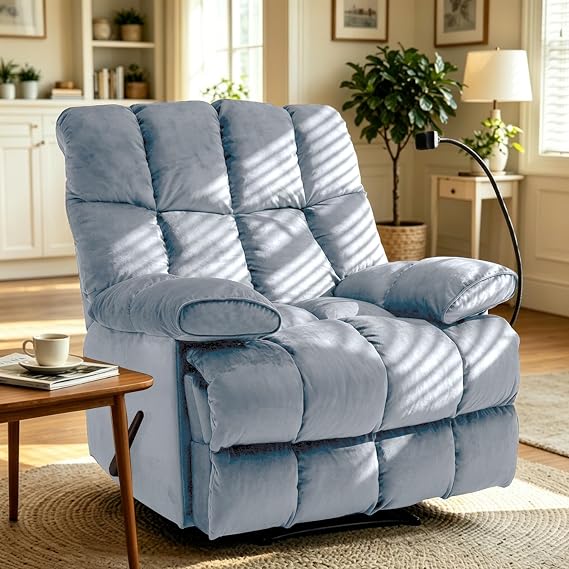 Oversized Recliner Chair for Living Room, Extra Wide Manual Recliner for Big Man, Soft Velvet Fabric Recliner Sofa with Phone Holder for Living Room, Bedroom and Home Theater, Light Blue