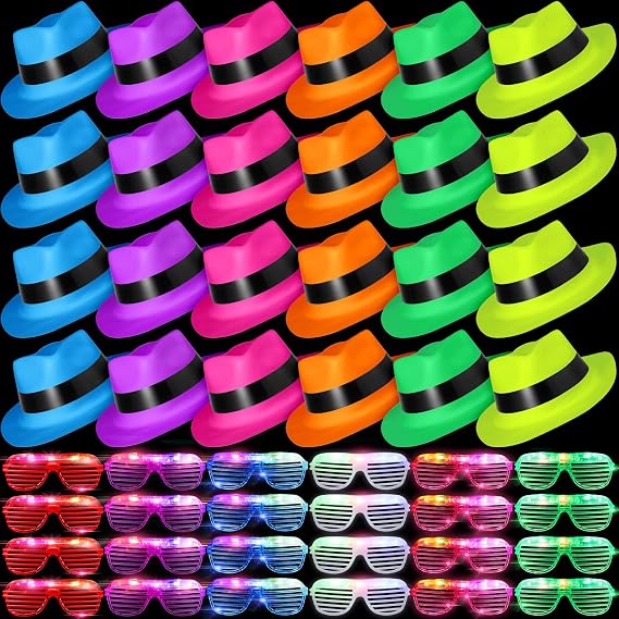 Maitys 48 Pieces Neon Party Supplies 24 Pack Neon Style Dress Hats with 24 Pack Flashing Plastic Light up Glasses for Glow Women Costume 80's Style Dressing up Party